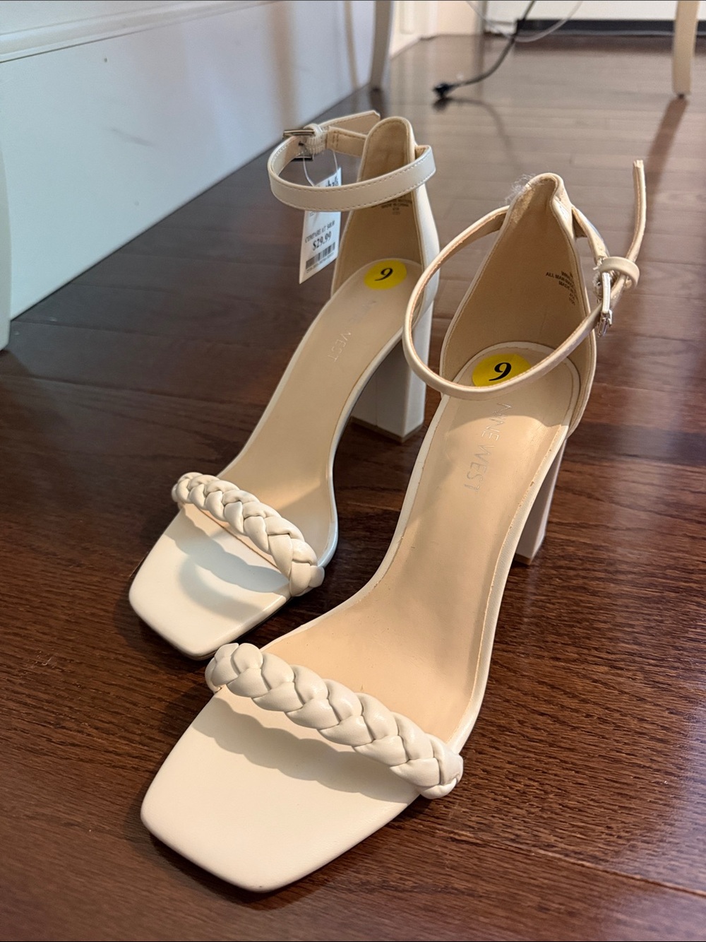 Nine West Cream Braided Strap Ankle-Tie Block Heel Sandals